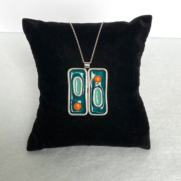 Sterling Silver 925 Modernist Style Enamel Geometric Pendant Necklace 18" Chain - Picture 8 of 16
